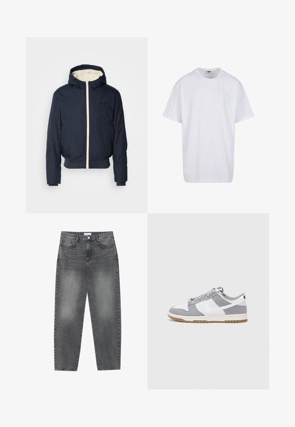 Granatowa kurtka puchowa z kapturem, z beżowym zamkiem i podszyciem kołnierza, elastycznymi mankietami oraz ściągaczem na dole. Czarny logo na piersi.; Biała bawełniana koszulka z krótkimi rękawami, okrągłym dekoltem, luźnym krojem i bez widocznych logo lub wzorów. Gładka tekstura i minimalistyczny design.; Jeansy z wysokim stanem, luźne, w wyblakłym czarnym deninie. Posiadają pięć kieszeni, szlufki na pasek oraz prosty, klasyczny krój nogawek.; Szare i białe trampki z zamszową i skórzaną cholewą, okrągłym noskiem, płaskimi sznurówkami i gumową podeszwą z akcentem w kolorze gumy.