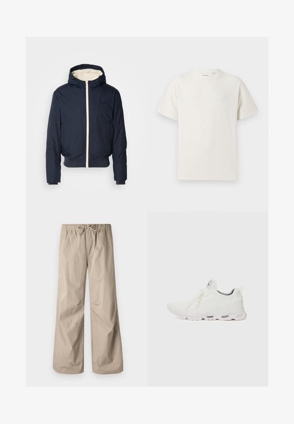Chaqueta de plumas azul marino con capucha, presenta un cierre en crema y un forro de cuello en crema, puños elásticos y un dobladillo acanalado. Logo negro en el pecho.; Camiseta blanca de manga corta en textura acanalada. Cuello redondo, corte relajado, sin patrones ni acentos visibles. Diseño simple y versátil.; Pantalones beige de pierna ancha con cintura elástica y cordón. Textura suave, dos bolsillos laterales y costuras mínimas para un ajuste relajado.; Zapatillas deportivas blancas con un upper de punto texturizado, cordones planos y una suela acolchada con cámaras de aire visibles para mayor soporte.