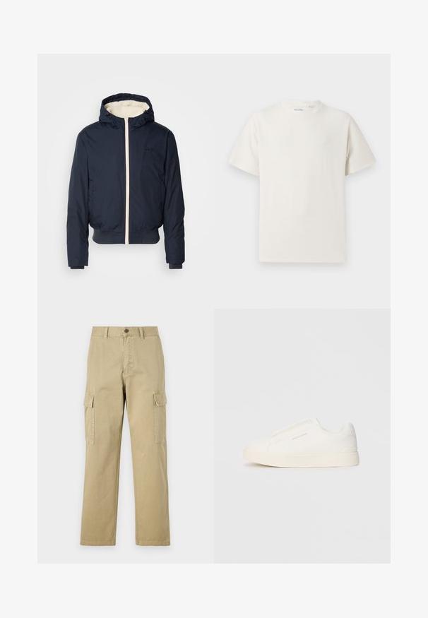 Marineblauwe pufferjack met capuchon, voorzien van een crèmekleurige rits en kraagvoering, elastische manchetten en een geribde zoom. Zwarte logo op de borst.; Witte korte mouwen T-shirt met ribbelstructuur. Ronde hals, ontspannen pasvorm, geen zichtbare patronen of accenten. Eenvoudig en veelzijdig ontwerp.; Beige cargobroek van katoen, met twee zijzakken, een knoopsluiting en rechte pijpen van een licht gestructureerde stof.; Witte instap sneakers met een gestructureerd oppervlak, een dikke zool en een minimalistisch ontwerp. Bevat het merklogo aan de zijkant.