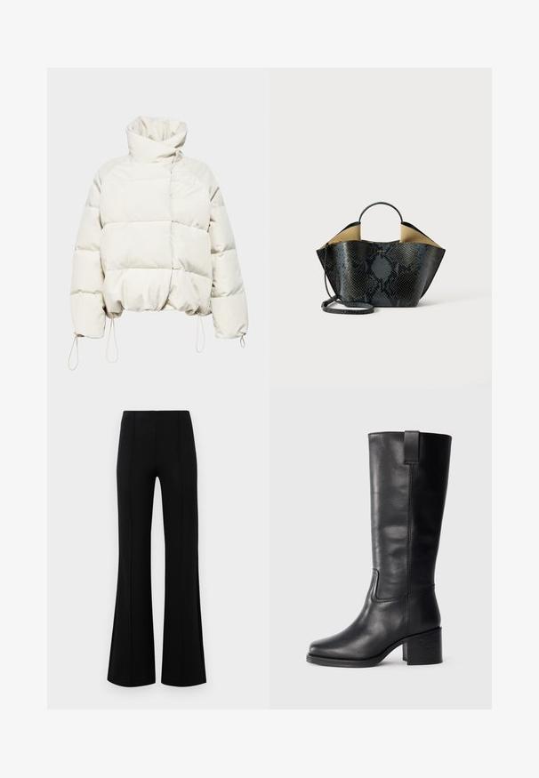 Won Hundred FELLOWS - Winter jacket - moonstruck; Black cropped sweater made of fluffy material. Features a round neckline and long sleeves with a soft texture. Minimal design, no patterns.; Black flared pants with a high waist, made of stretchy fabric. Features vertical seam details on the front and a smooth texture.; Black leather knee-high boots with a smooth texture, square toe, block heel, and side pull tab, featuring minimal stitching details.; Black and gray snakeskin pattern handbag with a structured design, dual handles, and an adjustable shoulder strap. Features a beige interior.
