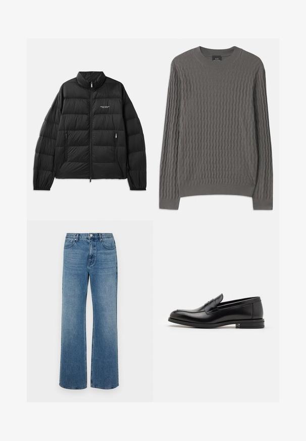 Fekete puffdzseki steppelt mintával, magas gallérral, teljes elülső cipzárral és két cipzáras zsebbel. A bal mellkason logó található.; Armani Exchange Pulóver - dark gull zig zag; Széles lábú, koptatott kék farmernadrág. Öt zsebből, elülső gombos záródásból és egyenes szabásból áll.; Fekete bőr loaferek sima textúrával, kerek orral és dekoratív pánttal a vampnál. Alacsony, rétegelt sarkú, minimalista dizájn.