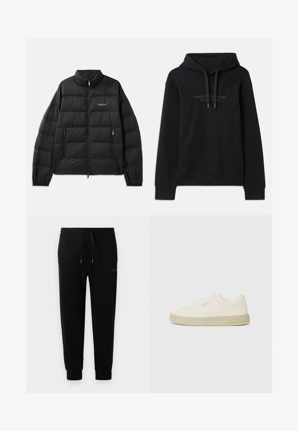 Black puffer jacket with quilted design, high collar, full front zipper, and two zippered pockets. Features logo on the left chest.; Black hoodie made of soft fabric, featuring a drawstring hood and ribbed cuffs. Embroidered logo in dark tones on the front.; Black jogger pants made of cotton blend, featuring an elastic waistband with drawstring, cuffed ankles, and a subtle logo print on the side.; White canvas sneakers with a textured rubber sole, featuring a stitched toe cap and logo accent on the heel. Simple lace-up design.