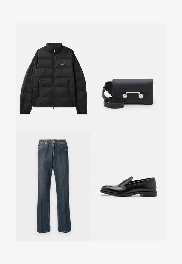 Melnā pūkšķīša jaka ar quiltēta dizaina, augstu apkakli, pilnu priekšējo rāvējslēdzēju un divām rāvējslēdzēju kabatām. Iekļautais logo kreisajā krūtīs.; Krēms krāsas adīts džemperis ar polo apkakli, ribotām piedurknēm un apakšmalu, ar priekšējo atdari un mīkstu tekstūru.; Tumši zili taisni džinsi ar priekšējo pogu, rāvējslēdzēju, dubultajām priekšējām kabatām un redzamām vertikālām krokām pa kājām.; Melnas ādas kurpes ar gludu tekstūru, noapaļu purngalu un dekoratīvu siksniņu pāri priekšpusei. Zems sakrauts papēdis, minimālisma dizains.; Melna ādas crossbody soma ar atloku aizdari, sudraba toņu aparatūru un divām apaļām detaļām. Iespējams noņemt siksnu. Gluda tekstūra.