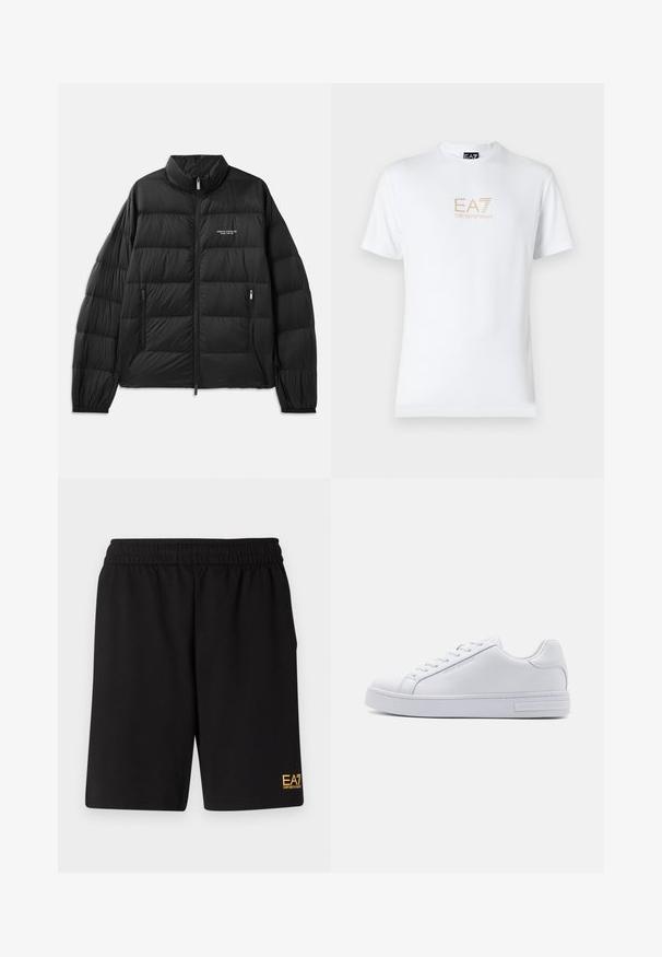Jachetă puf cu design matlasat, de culoare neagră, guler înalt, fermoar pe toată lungimea din față și două buzunare cu fermoar. Prezintă logo pe pieptul stâng.; Tricou alb din bumbac, cu guler rotund și mâneci scurte, având un logo auriu EA7 Emporio Armani imprimat pe față.; Shorts atletici negri dintr-un material moale, având o talie elastică și un mic logo galben EA7 pe partea inferioară a piciorului stâng.; Adidași din piele alba cu o textură netedă, vârf rotund, sistem de închidere cu șireturi și talpă din cauciuc plat. Prezintă un logo embosat pe călcâi.