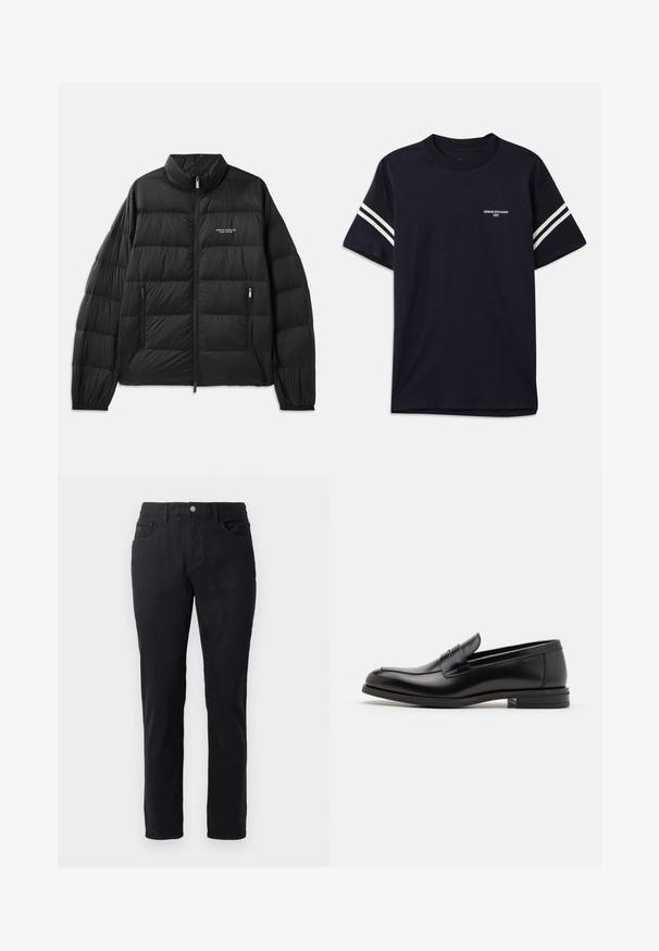 Črna puhasta jakna s prešito zasnovo, visokim ovratnikom, popolnim sprednjim zadrgo in dvema zadrgama z žepi. Ima logo na levem prsnem predelu.; Temno modra majica iz bombaža, z okroglo ovratnikom, kratkimi rokavi in belimi črtami na ramenih, z natisnjenim logotipom na prsih.; Črne bombažne hlače s ravnim krojem, z gumbom za zapiranje, dvema sprednjima žepoma in gladko teksturo.; Črne usnjene loafer čevlje z gladko teksturo, zaobljenim nosom in dekorativnim trakom čez zgornji del. Nizka zložena peta, minimalističen dizajn.