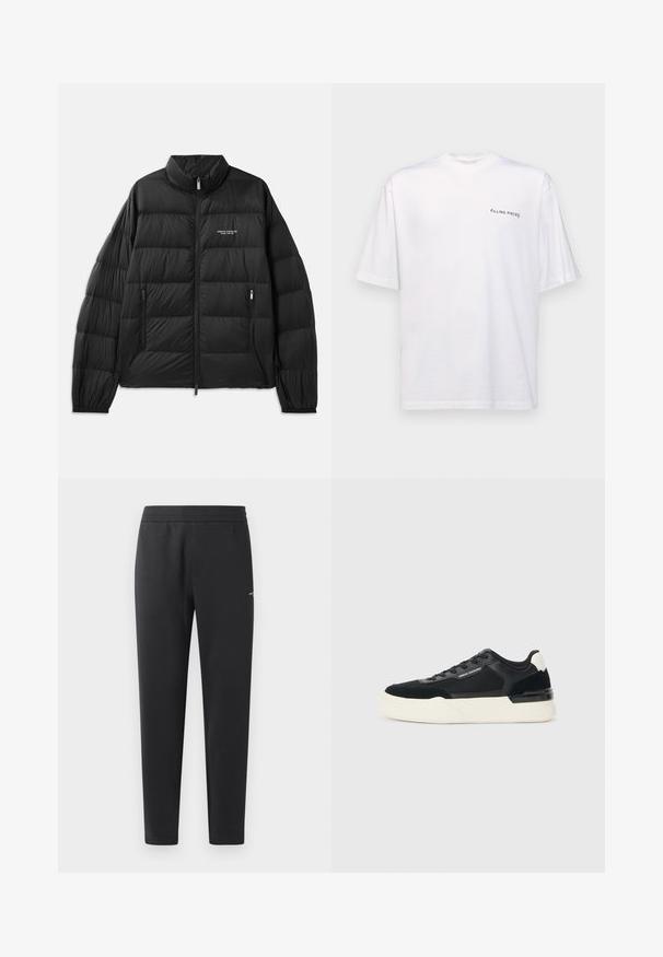 Chaqueta de plumas negra con diseño acolchado, cuello alto, cierre frontal completo y dos bolsillos con cremallera. Presenta un logotipo en el lado izquierdo del pecho.; Camiseta blanca de manga corta en algodón con cuello en V, que presenta un logo negro de "FILLING PIECES" impreso en el lado izquierdo.; Pantalones de chándal negros hechos de una tela suave, con una cintura elástica, perneras rectas y un pequeño detalle del logo en el lateral.; Zapatillas negras de malla y cuero, con una suela blanca gruesa y acentos en contraste. Cordones y detalle del logo en el lado.