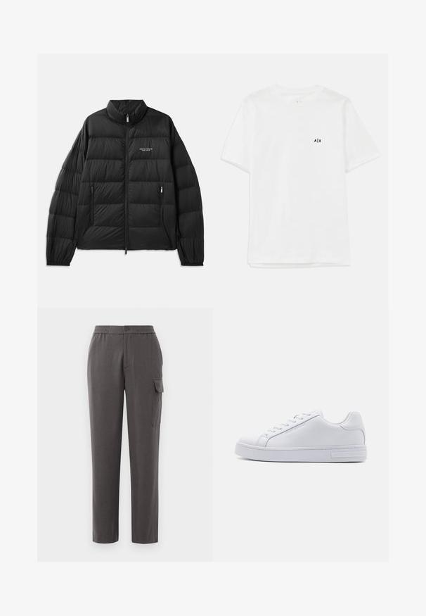Svart puffjacka med quiltad design, hög krage, fullständig dragkedja fram och två dragkedjefickor. Har en logotyp på vänster bröst.; Vit bomullströja med korta ärmar och rundad halsringning, med en liten svart logotyp på vänster bröst. Slät textur, enkel design.; Grå byxor med avslappnad passform, tillverkade av ett slätt tyg. Har knappstängning, sidofickor och en cargoficka på benet.; Vit lädersneaker med slät yta, rund tå, snörning framtill och platt gummisula. Har präglad logotyp på hälen.