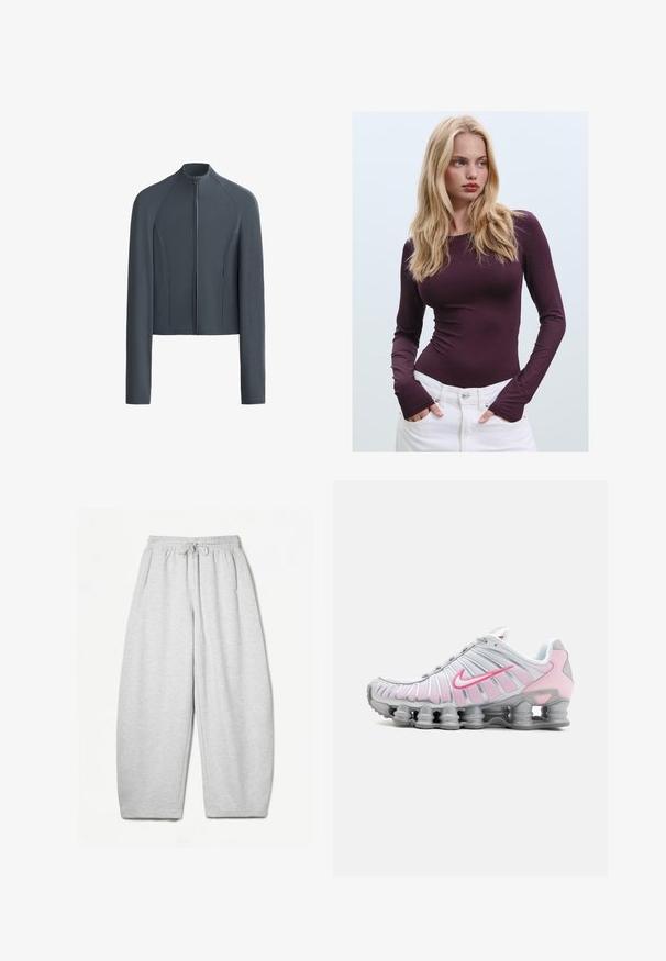 Siva zip-up jakna z dolgimi rokavi, ribana tekstura in gladki paneli. Ima visok ovratnik in prilegan dizajn s stranskimi žepi.; Bordo dolga majica z obrnjenim ovratnikom in odprtinami za palce, v kombinaciji z belimi hlačami z visokim pasom. Gladek material in elastična tekstura.; Svijetlo sivi duksericasti donji dio s opuštenim krojem, elastičnim pojasom, vezicama i bočnim džepovima; izrađen od mekanog, teksturiranog materijala.; Nike atletski čevlj v beli in svetlo roza barvi. Ponuja mrežasto zgornji del in edinstven ukrivljen podplat z vidno zračnim blaženjem.