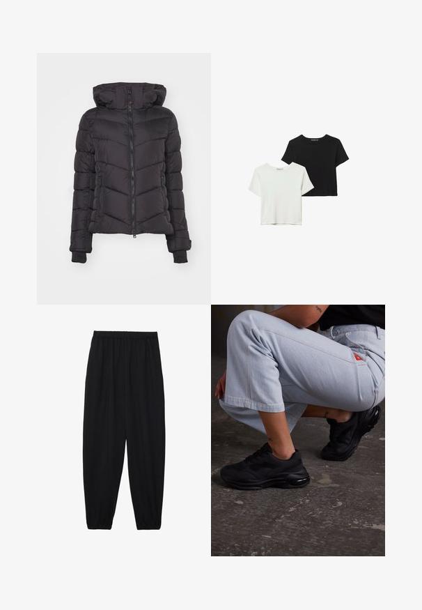Schwarze Daunenjacke mit Kapuze, mit einem Reißverschluss vorne, einem gesteppten Design mit horizontalen Streifen und gerippten Bündchen.; Zwei kurzärmelige T-Shirts, eines schwarz und eines weiß, aus weichem Baumwollstoff. Beide haben einen runden Halsausschnitt und eine lockere Passform.; Schwarze, leichte Hosen mit einem elastischen Bund und gerafften Knöcheln. Der Stoff ist glatt und hat ein entspanntes, schmal zulaufendes Design.; Schwarze Sportsneaker mit einer strukturierten Oberfläche, dicker Sohle und Luftpolsterung. Kombiniert mit hellblauen, cropped Hosen in einer lässigen Haltung.