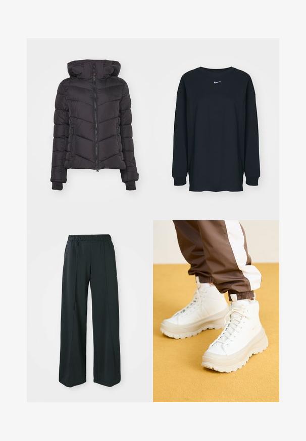 Black puffer jacket with a hood, featuring a zip front, a quilted design with horizontal stripes, and ribbed cuffs.; Black long-sleeve T-shirt made of cotton with a crew neckline. Features a white Nike logo on the chest. Soft texture, simple design.; Black, wide-leg athletic pants with an elastic waistband. Made from smooth, stretchy fabric, featuring subtle front seams and no pockets.; White high-top sneakers with a chunky, textured sole, featuring a smooth upper, round toe, and tonal laces, set against a yellow background.