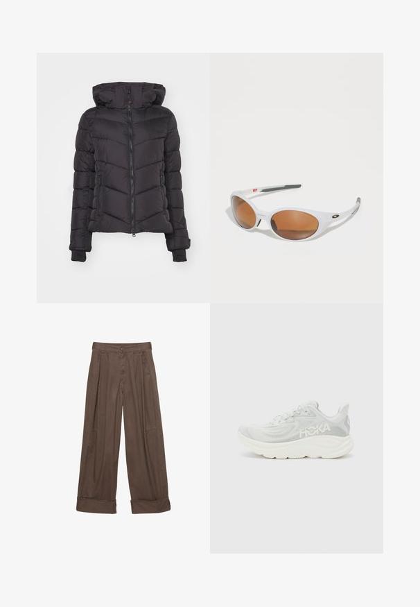 Jachetă pufă neagră cu glugă, cu un fermoar în față, design matlasat cu dungi orizontale și manșete ribbate.; Tricou negru scurt, confecționat din bumbac, cu o croială lejeră, mâneci scurte și un guler rotund ribatat. Fără modele sau accente vizibile.; Pantaloni largi maronii din bumbac, cu închidere cu buton, față pliată și mansete răsucite pentru o potrivire lejeră.; Tenisul de alergare ușor, în alb și gri deschis, are o talpă groasă și confortabilă și un logo pe lateral. Design minimalist cu material texturat.; Ochelari de soare albi cu lentile maro, de formă ovală, fabricați din plastic neted, având accente gri pe brațe și un logo pe ramă.