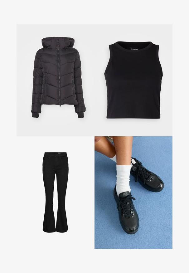 Črna puhovka s kapuco, z zadrgo spredaj, zasnovo s prešito teksturo in horizontalnimi črtami ter rebrastimi manšetami.; Črn rebrast kratki top z okrogllim izrezom in brezrokavnim dizajnom. Narejen iz mehke, raztegljive tkanine, z urejenimi robom.; Črne jeans hlače visokega pasu s širokimi hlačnicami, sprednjim gumbom in zadrgo, dvema sprednjima žepoma ter zankami za pas.; Črne Nike športne copate odlikuje teksturirana površina, sijoči detajli in okrogli vezalke. Ujemajo se z belimi rebrastimi nogavicami na svetlo modri podlagi.