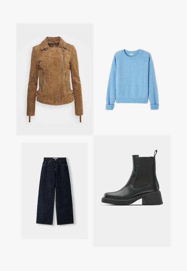 Bruine suède jas met een getailleerd ontwerp, rits aan de voorkant, zijzakken en decoratieve gespsluiting aan de manchetten. Geheel met een textuur afgewerkt.; Lichtblauwe trui van zacht, geborsteld stof. Heeft ribgebreide manchetten en zoom, en een ronde halslijn. Ontspannen pasvorm met verlaagde schouders.; Donkerblauwe denim wijduitlopende jeans met een hoge taille, vijf zakken, contrasterende stiksels en zilveren metalen hardware. Gladde textuur en een nette afwerking.; Zwarte leren enkellaarsjes met elastische zijpanelen, ronde neus en een stevige blokhak. Gladde textuur met een minimalistisch ontwerp.