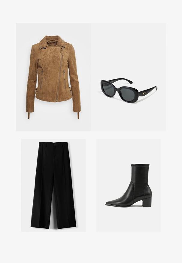 Brązowa zamszowa kurtka o dopasowanym kroju, z zapięciem na zamek błyskawiczny z przodu, bocznymi kieszeniami oraz ozdobnymi paskami z klamrami na mankietach. Całość wykończona fakturą.; Beżowy sweter z golfem o prążkowanej strukturze, z długimi rękawami i dopasowanym krojem, z wysokim kołnierzem i teksturowanym wzorem dzianiny.; Czarne spodnie szerokie, wykonane z lekkiego materiału, z zapięciem na guzik z przodu i gładkim przodem, z starannie wykończonymi brzegami.; Czarny botek za kostkę wykonany z gładkiej skóry, z szpiczastym noskiem, słupkowym obcasem oraz wyraźnym podniesionym szwem na górnej krawędzi.; Czarne okulary przeciwsłoneczne z okrągłymi soczewkami, błyszcząca plastikowa oprawka i złoty akcent logo na zausznikach. Ciemne soczewki zapewniają ochronę przed promieniowaniem UV.