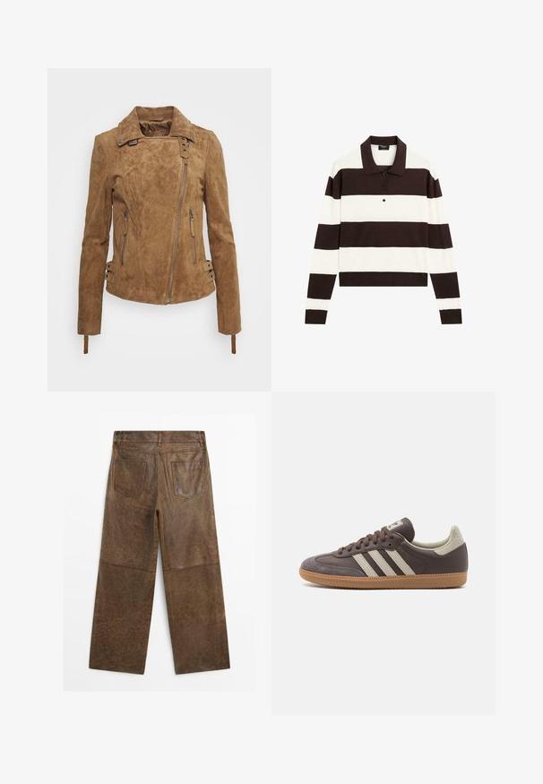 Brun ruskindjakke med et tætsiddende design, lynlås foran, sidelommer og dekorative spændeaccenter på ærmekanterne. Struktureret finish overalt.; Langærmet polo-shirt med skiftende mørkebrun og hvid vandrette striber, en krave og en knaplukning. Fremstillet af blødt stof.; Brune læder vide bukser med to baglommer og synlig syning, vist fra bagsiden på en hvid baggrund.; Brun lædersneaker med tre lyse striber, gummisål, rund tå og teksturerede ruskindsdetaljer på hælen og tåen.