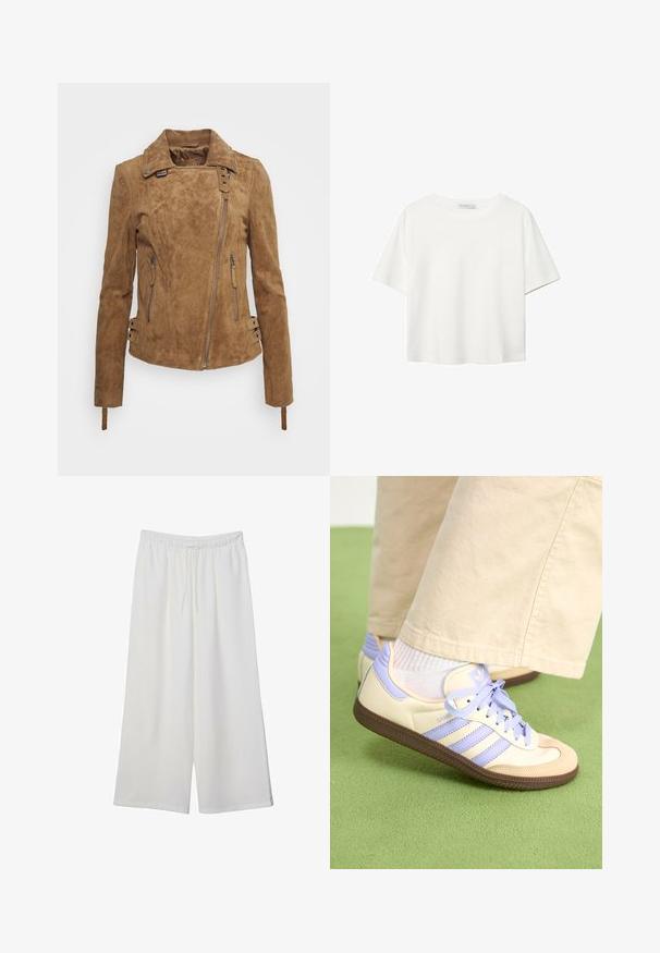 Ruskea mokkatakki, jossa on istuva muotoilu, vetoketjullinen etuosa, sivutaskut ja koristeelliset solkikoristeet hihansuissa. Koko takin teksturoitu pinta.; Valkoinen lyhythihainen T-paita, joka on tehty puuvillasta. Siinä on pyöreä kaula-aukko ja rento malli. Silkkinen pinta ilman näkyviä kuvioita tai koristeita.; Valkoiset leveälahkeiset housut, jotka on valmistettu kevyestä kankaasta. Niissä on joustava vyötärö ja nauha säädettävää istuvuutta varten. Sileä pinta.; Kermasilta ja laventelilta näyttävät lenkkarit kolmella raidalla ja teksturoidulla ruskealla pohjalla, varustettuna nauhoilla ja pehmustetulla kantapäällä. Pehmeä kangaspinta.