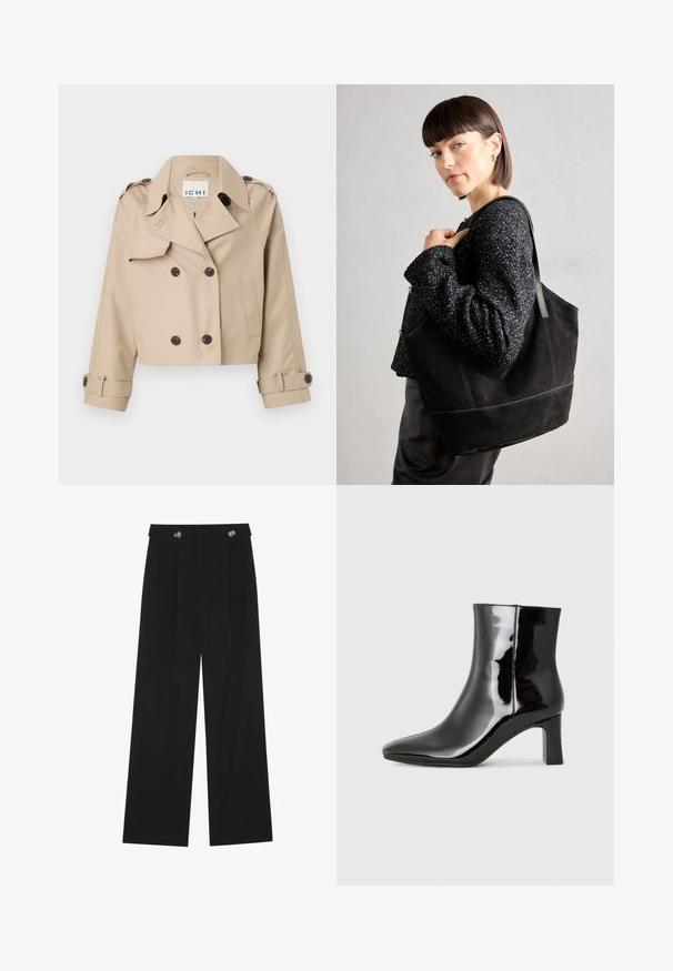 Beige cropped trench coat with double-breasted buttons, large collar, and rolled cuff accents. Made of smooth, lightweight fabric.; Two black long-sleeve shirts with a V-neck design, made of soft, stretchy fabric, showing smooth texture and a fitted shape.; Black wide-leg trousers with high waist, button details on waistband, and front pleats.; Black patent leather ankle boot with a pointed toe and a mid-height block heel. Smooth texture and minimalist design.; Black suede tote bag with a smooth texture, structured shape, and contrasting stitching. Features long straps for shoulder carry.