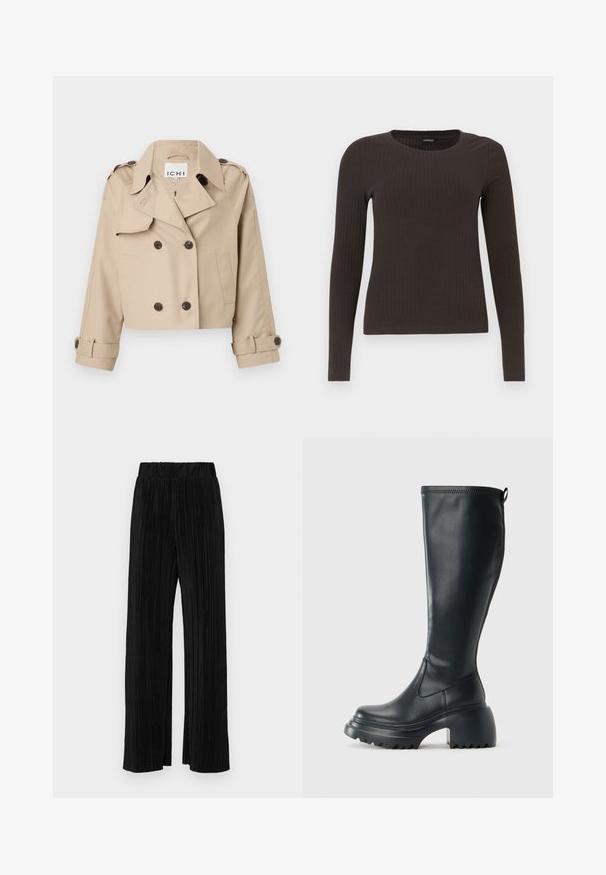 Beige kort trenchcoat med dobbeltspent knapper, stor krage og oppbrettede mansjettdetaljer. Laget av glatt, lett stoff.; Brun, langermet ribbestrikket topp med rund hals. Laget av et glatt, elastisk materiale, med en tettsittende silhuett og minimalt med detaljer.; Sorte plisserte bukser med elastisk midje. Har vide ben og et glatt, strukturert stoff med vertikale striper.; Høy svart lærstøvel med chunky plattformsåle og blokkhelt, med trekkstang og teksturert mønster på yttersålen.