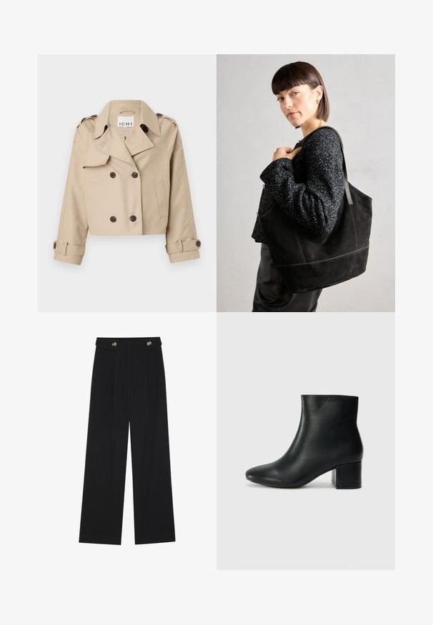 Béžový krátký trenčkot s dvouřadým zapínáním, velkým límcem a ohrnutými manžetami. Vyrobeno z hladké, lehké tkaniny.; Bílý krátký rukávový tričko vyrobené z bavlny. Má volný střih s kulatým výstřihem a mírně posunutými ramenními švy. Bez vzorů nebo akcentů.; Černé široké kalhoty s vysokým pasem, detailní knoflíky na pase a přední záhyby.; Černé kožené kotníkové boty s špičatou špičkou a robustním podpatkem. Hladký povrch s minimálními akcenty a elegantním, přiléhavým designem.; Černá semišová taška přes rameno s hladkým povrchem, strukturovaným tvarem a kontrastním prošíváním. Má dlouhé popruhy pro nošení přes rameno.