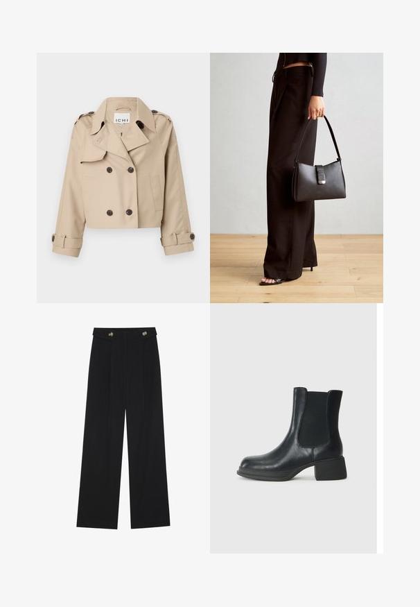 Beige cropped trench coat with double-breasted buttons, large collar, and rolled cuff accents. Made of smooth, lightweight fabric.; Black long-sleeve top featuring flared cuffs, soft texture, and a relaxed fit, with a simple round neckline.; Black wide-leg trousers with high waist, button details on waistband, and front pleats.; Black leather ankle boot with elastic side panels, rounded toe, and a low block heel. The surface has a smooth texture and minimal detailing.; Black handbag with structured shape, smooth texture, and a metallic clasp. Paired with wide black pants and open-toe sandals on wooden floor.