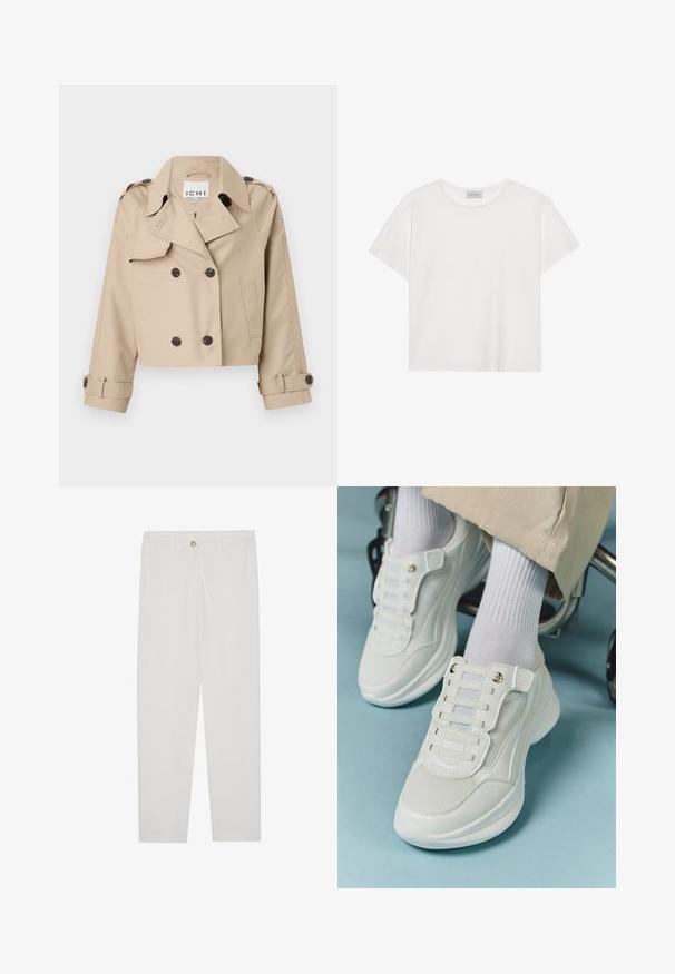 Casaco trench cropped bege com botões duplos, gola larga e detalhes de punhos enrolados. Feito de um tecido liso e leve.; T-shirt branca de manga curta feita de algodão macio. Apresenta um decote redondo e um corte descontraído. Design limpo sem padrões ou detalhes visíveis.; Calças brancas, ajustadas, com um design de perna reta, apresentando um fecho de botão, passantes para cinto e bolsos laterais; textura de tecido suave.; Tênis brancos com material em rede, sola de borracha, design sem atacadores com faixas elásticas e detalhes em tom dourado.