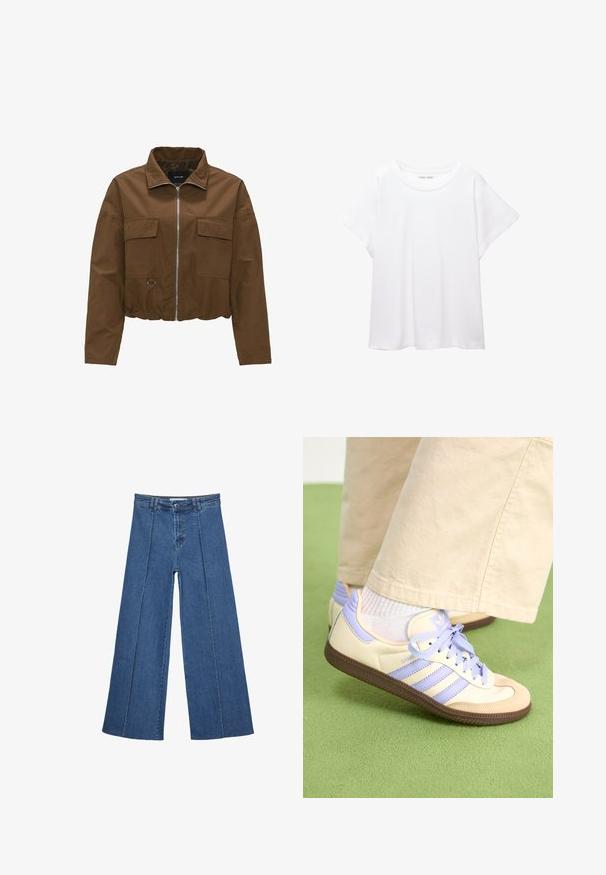 Braune, kurz geschnittene Jacke aus glattem Stoff, mit durchgehendem Reißverschluss, zwei Brusttaschen und elastischem Saum. Auffällige silberne Hardware-Details.; Weißes T-Shirt aus weichem, leichtem Stoff. Mit runder Halslinie und kurzen, weit geschnittenen Ärmeln für einen lässigen Sitz. Keine sichtbaren Muster.; Weite Jeans aus Denim in Mittelblau, mit hoher Taille, Knopfverschluss und kontrastierenden vertikalen Nahtdetails an der Vorderseite.; Cremefarbene und lavendelfarbene Sneakers mit drei Streifen und einer strukturierten braunen Sohle, ausgestattet mit Schnürsenkeln und einer gepolsterten Ferse. Obermaterial aus weichem Stoff.