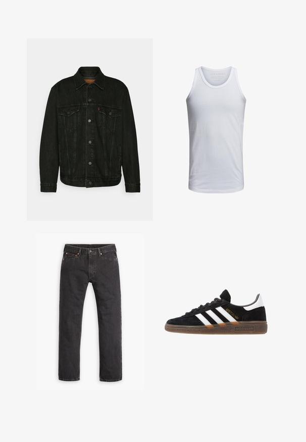 Svart denimjakke med klassisk design, som har to brystlommer, knappestengning og en litt falmet tekstur.; Hvit bomullstopp med rund hals, brede skulderstropper og minimal merking trykt inni kragen. Myk tekstur, ledig passform.; Svarte straight-leg denim jeans med fem lommer, knappelukking og kobbernitter lagt flatt på en hvit bakgrunn.; Sorte Adidas sneakers med hvite striper, gull "Spezial" tekst, gummisåle og hvit hælklaff, vist fra profil.