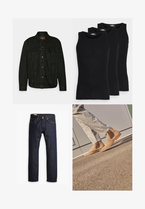 Črna denim jakna s klasičnim dizajnom, ki vključuje dve žepu na prsih, zapiranje na gumb in rahlo zbledelo teksturo.; Črne majice brez rokavov v paketu treh. Rebrasta struktura, standardni okrogel izrez, brez rokavov. Rob ima majhen logotip blagovne znamke na dnu.; Temno modri kavbojki z ravnim krojem, oranžnim šivom in petimi žepi ter kovinskim gumbom za zapiranje.; Rjavi semiš Chelsea čevlji z elastičnimi stranskimi paneli in gladkim svetlo rjavim gumijastim podplatom, ujemajoče se s svetlo sivimi hlačami na teksturirani površini.