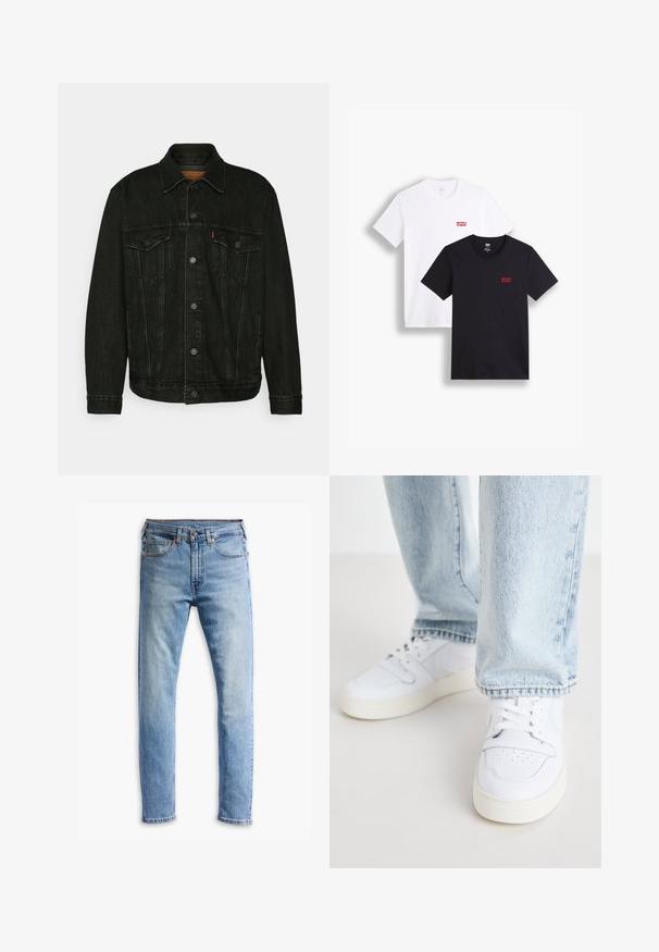 Must musta jope klassikalise disainiga, millel on kaks rinna taskut, nööb закрытие ja veidi pleekinud tekstuur.; Kaks lühikeste varrukatega t-särki: üks valge ja teine must. Mõlemad on valmistatud puuvillast ning rinnal on punane Levi's logo. Lihtne ümar kaelus.; Heledad sinine teksapüksid, sirge lõikega disain, viie taskuga, nööpkinnitus ja mõõdukas pleekimine kogu kangas.; Valged nahast madala profiiliga spordijalatsid, millel on perforatsiooniga varvas, lame paelad ja minimalistlik disain. Koos helesiniste teksadega.