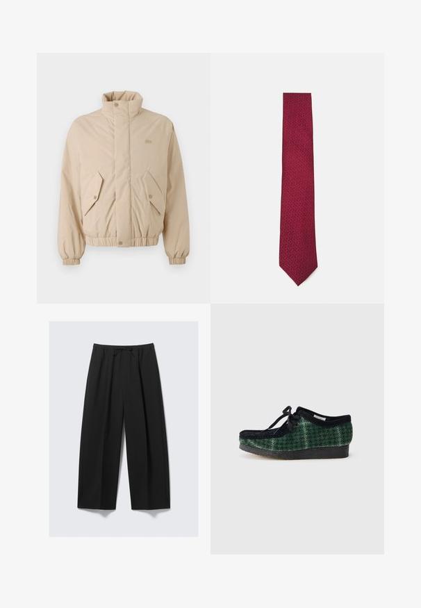 Bežová vypchávkovaná bunda s vysokým golierom, elastickými manžetami a dvoma šikmými prednými vreckami. Obsahuje logo značky vyšité v zodpovedajúcej farbe.; Námořnická cardigan z měkké tkaniny, s véčkovým výstřihem, dlouhými rukávy, šesti knoflíkovým zapínáním a malým zeleným logem na hrudi.; Krátky rukáv, košeľa na gombíky z off-white bavlny. Má golier a ľavú náprsníkovú vrecko s jednoduchým dizajnom a jemnou textúrou.; Čierne široké nohavice z ľahkého materiálu s elastickým pásom a šnúrkou, bez viditeľných vreciek.; Zelené a čierne topánky so vzorom, so zvrškom z semišu, zaoblenou špičkou, šnúrkami a textúrovanou gumovou podrážkou.; Bordový kravata s jemným geometrickým vzorom, vyrobená z hladkej tkaniny s úzkym dizajnom a špicatým koncom.
