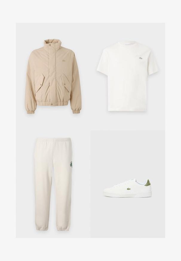 Bežinė paminkštinta striukė su aukštu apykakle, elastingomis rankogaliais ir dviem įstrižais priekiniais kišenėmis. Su prekės ženklo logotipu, siuvinėt u tos pačia spalva.; Balta medvilninė marškinėliai trumpomis rankovėmis, su subtiliu išsiuvinėtu logotipu ir minimalistišku dizainu. Minkšta tekstūra, apvalus kaklas.; Šviesiai smėlinės spalvos medvilninės kelnės, su elastinga juosta, raukšlėtomis rankovėmis ir žalia logotipo su lapo dizainu kairiajame šone.; Baltos sportiniai bateliai su lygaus paviršiaus tekstūra, kuriuose yra žalias akcentas kulne ir mažas siuvinėtas krokodilo logotipas šone.