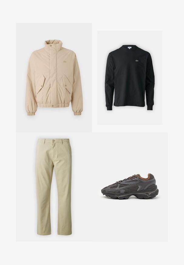 Bežová vypchávkovaná bunda s vysokým golierom, elastickými manžetami a dvoma šikmými prednými vreckami. Obsahuje logo značky vyšité v zodpovedajúcej farbe.; Čierne tričko s dlhým rukávom vyrobené z bavlny, s okrúhlym výstrihom a malým zeleným vyšívaným logom krokodíla na ľavej hrudi.; Béžové bavlnené nohavice so strihaťou rovného strihu, predným zapínaním na gombík a pútkami na opasok. Hladká textura, bez viditeľných vzorov alebo akcentov.; Lacoste tenisky v tmavo sivej farbe z nylonu a syntetického materiálu, s textúrovanou podrážkou a hnedými akcentami na golieri a brandingu.