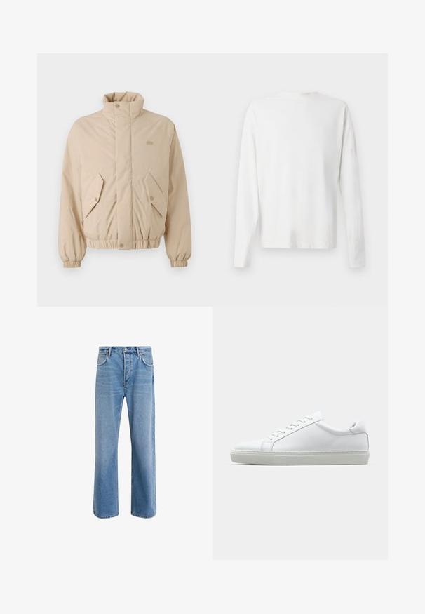 Beige polstret jakke med høy krage, elastiske mansjetter og to skrå frontlommer. Har merkevaren logo sydd i matchende farge.; Langermet hvit bomullsskjorte med rund hals, sidespalter nederst og en jevn tekstur, vist fra baksiden.; Lys blå denimjeans med rett ben-design, fem lommer, knappeåpning, minimal falming og kontrasterende sømdetaljer.; Hvit sneakers med en glatt skinnoverdel og lav profil. Har en rund tå, seks snøring hull, og en teksturert gummisåle.