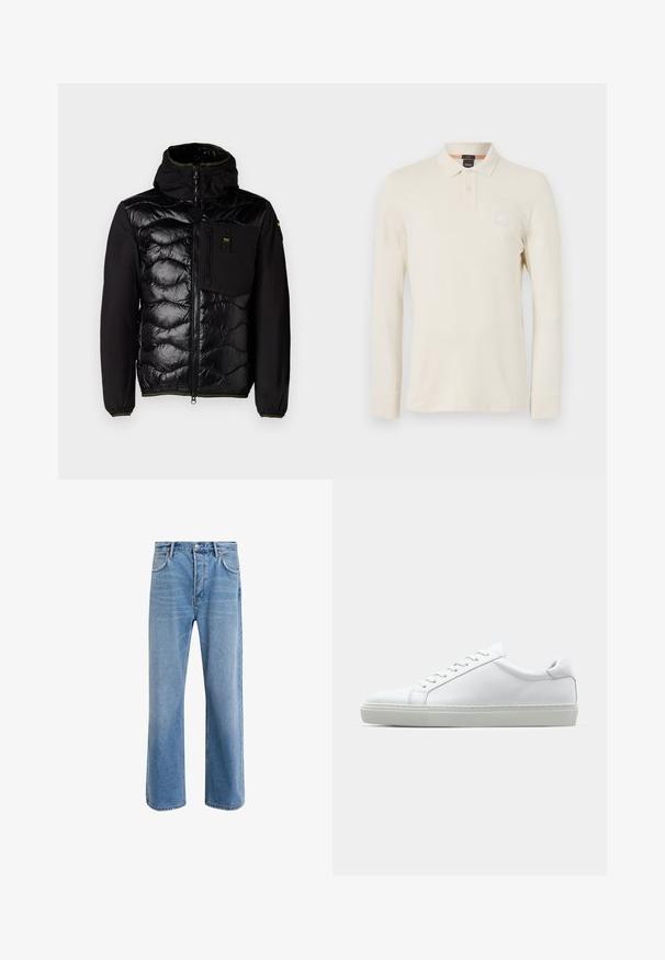 Black insulated jacket with a quilted front, hood, and zippered pockets. Features a smooth fabric body and elastic cuffs with green accents.; Long-sleeve polo shirt in light beige, made of smooth fabric, featuring a polo collar, two-button placket, and a small logo patch on the chest.; Light blue denim jeans with a straight-leg design, five pockets, button closure, minimal fading, and contrasting stitching details.; White sneaker with a smooth leather upper and a low profile. Features a rounded toe, six eyelets, and a textured rubber sole.