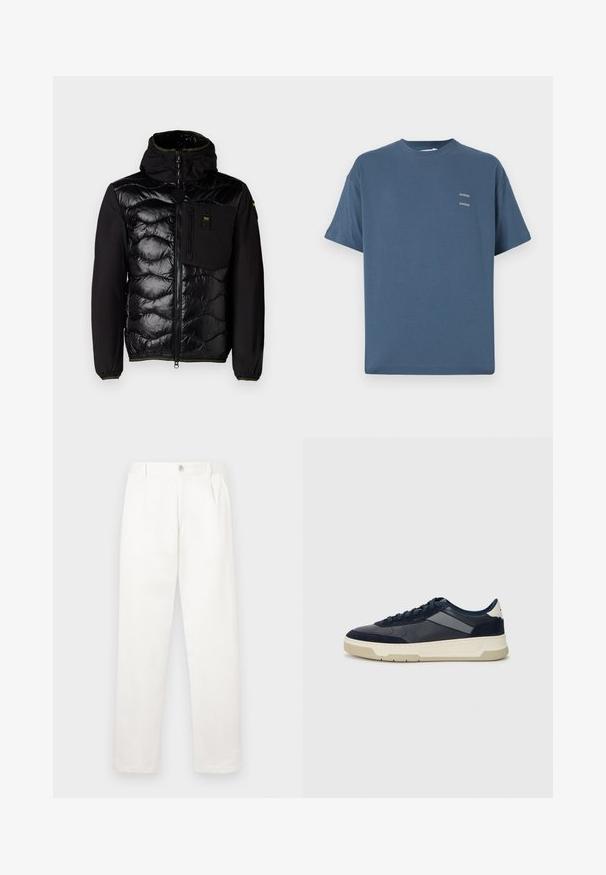 Jachetă izolată neagră cu față matlasată, glugă și buzunare cu fermoar. Prezintă un corp din țesătură netedă și manșete elasticizate cu accente verzi.; Tricou din bumbac albastru cu guler clasic de tip crew, mâneci scurte, croială lejeră și două mici logo-uri imprimate pe piept. Textură netedă.; Pantaloni albi confecționați dintr-un material neted, având un design cu picior drept, pliseuri frontale și un sistem de închidere cu un singur nasture la talie.; BOSS BALTIMORE - Sneakers low - open blue