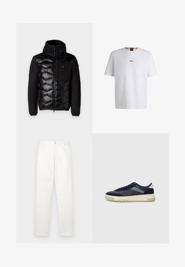 Fekete szigetelt dzseki steppelt elülső résszel, kapucnival és cipzáras zsebekkel. Az anyaga sima, a mandzsetták rugalmasak, zöld részletekkel.; Fehér pamut póló rövid ujjakkal, középen fekete "BOSS" logóval a mellkason és kerek nyakú kialakítással.; Fehér nadrág sima anyagból, egyenes lábbal, elülső pliszékkal és egy gombos záródással a derékon.; BOSS BALTIMORE - Sportcipő - open blue