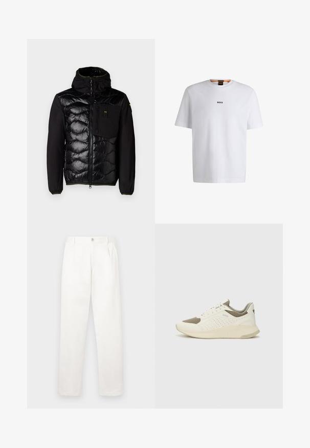 Czarna ocieplana kurtka z pikowanym przodem, kapturem i kieszeniami na zamek. Posiada gładką tkaninę na korpusie oraz elastyczne mankiety z zielonymi akcentami.; Biała bawełniana koszulka z krótkim rękawem, z czarnym logo "BOSS" umieszczonym na środku klatki piersiowej oraz okrągłym dekoltem.; Białe spodnie wykonane z gładkiego materiału, charakteryzujące się prostym krojem nogawki, plisami z przodu oraz pojedynczym zapięciem na guzik w pasie.; Białe i jasnobeżowe sneakersy sportowe, z siateczkową cholewką, perforowanymi detalami oraz teksturowaną podeszwą śródstopia z brandingiem na pięcie.