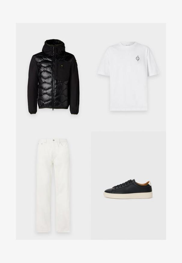 Mustad isolatsioonikate, millel on kokkuõmmeldud esikülg, kapuuts ja tõmblukkudega taskud. Omab siledat kangast keha ja elastseid mansette roheliste aksentidega.; Valge puuvillane t-särk lõdva sobivusega, millel on vasakul rinnal väike must graafiline logo. Lühikesed varrukad, ümmargune kaelus.; Valged denim teksad sirge lõikega, nööbi ja tõmblukuga sulgemine, viie taskuga disain ning ilma nähtavate mustrite või aktsentideta.; Mustad nahast tennised sujuva pindadega, beež kummist tallaga, paelaga kinnitamine ja kontrastse kanna aktsendiga.