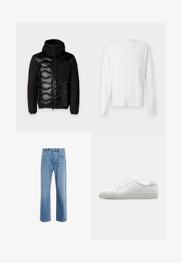 Chaqueta aislante negra con parte delantera acolchada, capucha y bolsillos con cremallera. Presenta un cuerpo de tejido suave y puños elásticos con detalles en verde.; Camisa de algodón blanca de manga larga con cuello redondo, aberturas laterales en la parte inferior y una textura suave, exhibida desde la parte de atrás.; Jeans de mezclilla azul claro con un diseño de pierna recta, cinco bolsillos, cierre de botón, ligeramente desgastados y detalles de costura en contraste.; Zapatilla blanca con parte superior de cuero liso y perfil bajo. Presenta una puntera redondeada, seis ojales y una suela de goma texturizada.