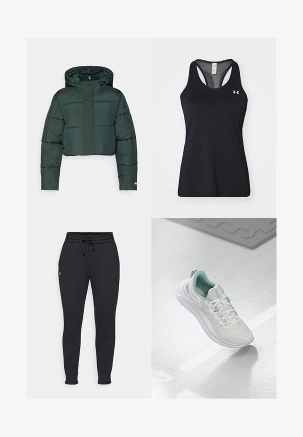 Jachetă puffer verde închis, scurtă, cu glugă, având secțiuni căptușite și închidere cu fermoar. Detaliu cu logo aproape de tiv. Textură netedă din nailon.; Top sportiv negru, dintr-un material texturat, cu design racerback și detaliu discret cu logo pe piept. Material ușor și respirabil.; Pantaloni de trening negri cu talie elastică, șnur ajustabil, manșete încrețite și un logo mic pe piciorul stâng. Material dintr-un amestec moale de bumbac.; Pantof de sport gri deschis, cu un material tricotat texturat, accente verde menta, șireturi albe, talpă din cauciuc și o bucată pentru tragere la călcâi.