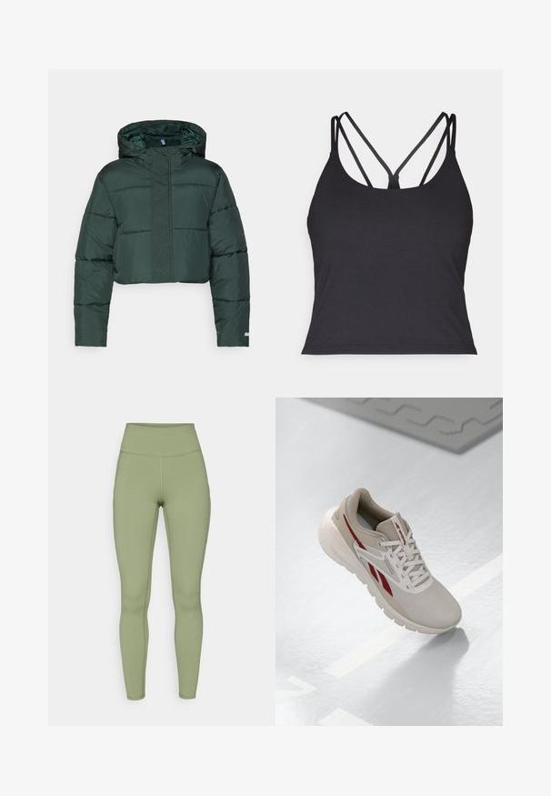 Afgeknotte donkergroene pufferjack met capuchon, met gewatteerde secties en een ritssluiting. Logodetail nabij de zoom. Gladde nylon textuur.; Zwarte tanktop met dunne bandjes en een kruisontwerp op de rug. Gemaakt van zachte, rekbare stof met een aansluitende pasvorm.; Hoge taille legging in olijfgroen. Gemaakt van rekbare stof met een gladde textuur, met gestikte naden langs de benen.; Beige sportieve schoen met rode accenten, textuur-mesh bovenkant, gewatteerde kraag en lichtgewicht zool. Voorzien van een logo aan de zijkant en een vetersluiting.