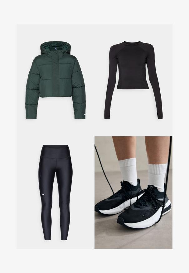 Jachetă puffer verde închis, scurtă, cu glugă, având secțiuni căptușite și închidere cu fermoar. Detaliu cu logo aproape de tiv. Textură netedă din nailon.; Crop top negru cu mânecă lungă, realizat dintr-un material elastic, având un gât rotund și mâneci raglan cu detalii subtile la cusături.; Colanți negri dintr-un material neted și elastic, cu un brâu înalt. Prezentând un logo alb pe cuartul stâng și un design ajustat.; Căști atletice negre cu țesătură texturată, talpă albă și șireturi negre. Purtați cu șosete albe cu riflaje, stând pe o suprafață deschisă.