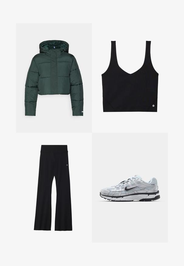 Gekürzte dunkelgrüne Daunenjacke mit Kapuze, die gepolsterte Abschnitte und einen Reißverschluss hat. Logodetail in der Nähe des Saums. Glatte Nylontextur.; Schwarzer Sport-BH mit breiten Trägern, einem V-Ausschnitt-Design, strukturiertem Stoff und Logodetail am Saum. Glatte Oberfläche, minimalistischer Stil.; Schwarze, ausgestellte Yogahosen aus elastischem Material, mit einem breiten Bund und einem kleinen Logo nahe der Hüfte. Glatte Textur, keine Muster.; Nike P-6000 Sneakers mit einem Obermaterial aus leichtem grauem Mesh, schwarzen Akzenten und einer langlebigen schwarzen Gummisohle. Verfügt über ein komplexes Design und ein Schnürsystem.