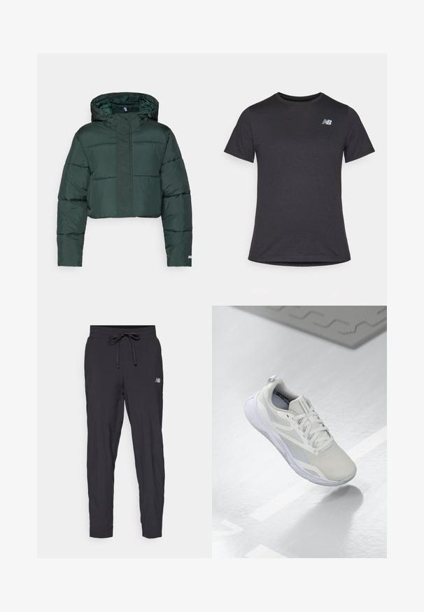 Lühem tume rohelise värvi sulejope kapuutsiga, millel on polsterdatud osad ja tõmblukuga sulgemine. Logo detail allservas. Sile nailonist tekstuur.; Must beebi särk, millel on lühikesed varrukad ja pehme kangas, ülaosas vasakul rinnal on väike hall New Balance'i logo, klassikaline ümar kaelus.; Kerged mustad spordipüksid, mis on valmistatud kergest materjalist, elastse vöökoha ja reguleeritava nööriga. Küljel on väike logo.; Valge sportlik king, millel on võrkmaterjalist ülaserv, pehmendatud keel ja valge kummitald. Märkimisväärsed aktsendid hõlmavad heledat halli detaili ja tõmblinti.