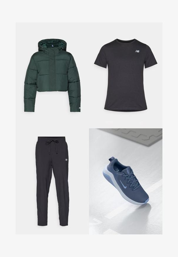 Cropped dark green puffer jacket with a hood, featuring padded sections and a zip closure. Logo detail near the hem. Smooth nylon texture.; Black short-sleeve t-shirt made of soft fabric, featuring a small gray New Balance logo on the upper left chest, classic crew neck design.; Black track pants made of lightweight material with an elastic waistband and adjustable drawstring. Features a small logo on the side.; Dark blue athletic shoe with textured mesh upper, laces, and light blue accents. Features a cushioned sole and heel pull tab for easy wear.