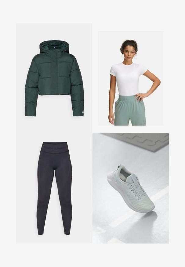 Skrajšana temno zelena puhasta jakna s kapuco, ki ima podložene dele in zadrgo. Logo detajl blizu roba. Gladka najlon tekstura.; Bela prilegajoča majica s kratkimi rokavi, kombinirana z lahkimi hlačami z elastičnim pasom v svetlo zeleni barvi. Gladka tekstura, minimalistična zasnova in brez vidnih vzorcev.; Črne legice z visokim elastičnim pasom, na katerem je napis "UNDER ARMOUR". Gladka tekstura z diskretnimi vzorčnimi akcenti ob nogah.; Svetlo sivi atletski čevlji z teksturiranim mrežastim zgornjim delom, s črnim vezanjem, oblazinjeno podplatom in minimalnimi detajli blagovne znamke.