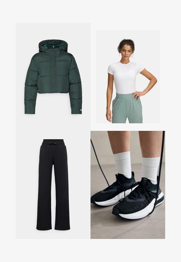Zrezaná tmavozelená zateplená bunda s kapucňou, vyznačujúca sa vypchanými časťami a zipsovým uzáverom. Detail loga pri leme. Hladká nylonová textúra.; Biely priliehavý tričko s krátkymi rukávmi, kombinované s nohavicami so svetlozeleným elastickým pásom. Hladká textúra, minimalistický dizajn a žiadne viditeľné vzory.; Čierne tepláky s širokým strihom, elastickým pásom a detailom v podobe mašle. Hladký povrch bez viditeľných vzorov alebo kovových prvkov.; Čierne športové topánky s textúrovanou tkaninou, bielou podrážkou a čiernymi šnúrkami. Nosené s bielymi rebrovanými ponožkami, postavené na svetlom povrchu.