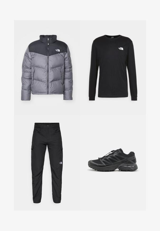 The North Face M SAIKURU JACKET - Vinterjakke - smoked pearl; Svart langermet t-skjorte i bomull, med en hvit logo på venstre bryst og ribbestrikkede mansjetter. Glatt tekstur med rund hals.; The North Face HORIZON PANT - Friluftsbukser - black; Svart løpesko med mesh og syntetisk overdel, fleksibel yttersåle og elastiske liser. Har en dempet mellomsåle for komfort.