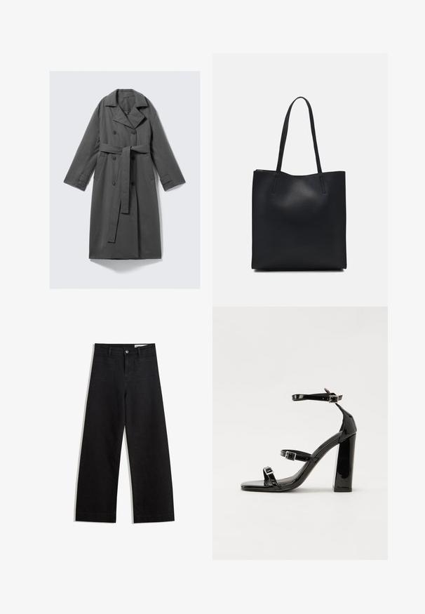Cappotto grigio impermeabile con un frontale doppiopetto, vita con cintura, ampio colletto a punta e tasche laterali. Tessuto liscio con una finitura opaca.; Maglione blu navy con scollo a V, maniche lunghe, polsini e orlo a costine. Realizzato in morbido materiale lavorato a maglia, presenta una vestibilità comoda e un design minimalista.; Pantaloni in denim neri a gamba larga con vita alta, dotati di tasche anteriori e posteriori, cuciture a punto, e chiusura con bottone. Texture liscia.; Sandali con tacco in vernice nera, con punta squadrata, cinturini alla caviglia e fibbie in argento. Presentano un tacco a blocco spesso per maggiore stabilità.; Borsa tote in pelle nera con texture liscia, forma rettangolare e due manici lunghi. Nessun hardware o decorazione visibile.