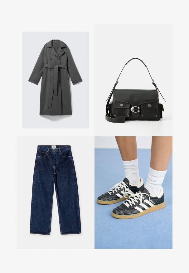 Pelēks tranšejas mētelis ar dubultu pogu slēgšanu, jostu viduklī, plašu iegriezumu apkakli un sānu kabatām. Gluda auduma ar matētu virsmu.; Melnā īsā piedurkņu T-kreklā, kas izgatavots no mīksta kokvilnas auduma, ir apaļa kakla izgriezuma un brīva piegriezuma ar vieglu sakopojuma detaļu sānos.; Tumši zila denima plaša piegriezuma džinsi ar augstu jostasvietu, priekšējām kabatām un gludu tekstūru ar smalkiem šuvuma akcentiem.; Melnas ādas sporta apavus ar baltām svītrām, apaļu purngalu, baltām auklām un gumijas zoli. Izceļas ar mīksto apkakli un zīmola detaļām.; Melnas ādas rokassomu ar atloku aizdari, sudraba piederumiem, divām priekšējām kabatām, kontrastējošām šuvēm un noņemamu plecu siksnu.